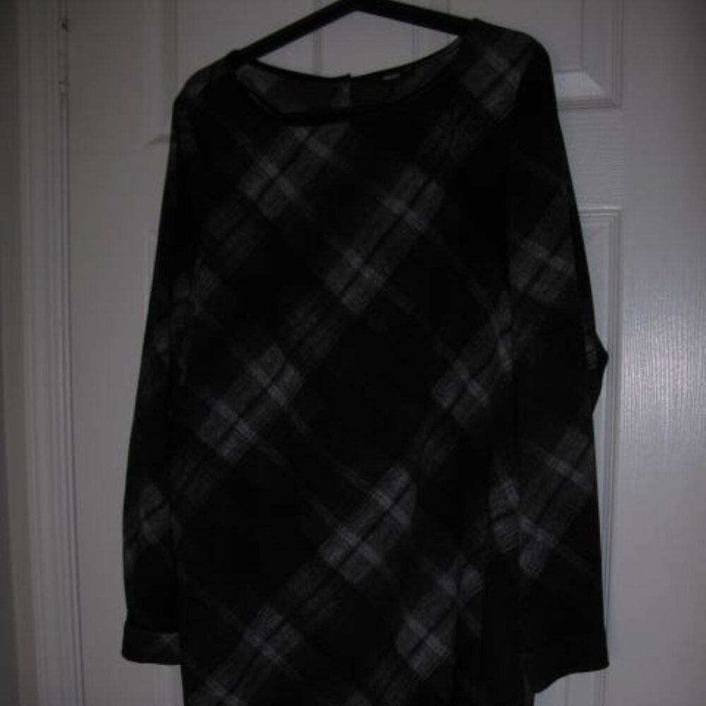 Vintage MEXX plaid tunic top with pockets and faux leather trim size 14